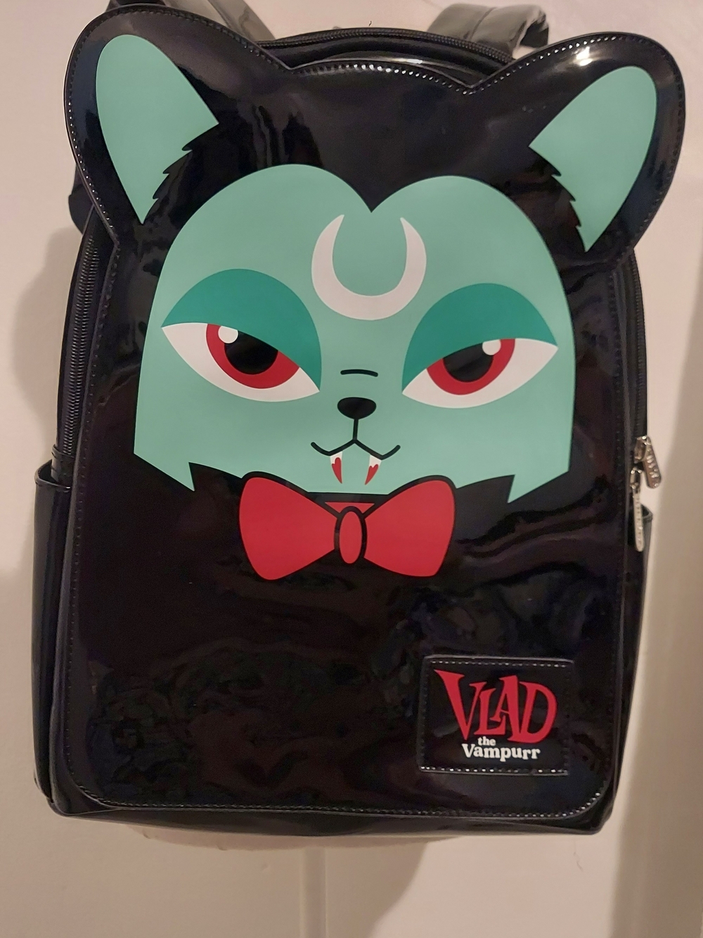 Vlad the Vampurr Black Vinyl Backpack with Mint Cat Graphic